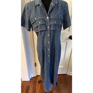 Vintage Nina Piccalino Denim Dress Turquoise Silver Studs Shoulder Pads Size 14
